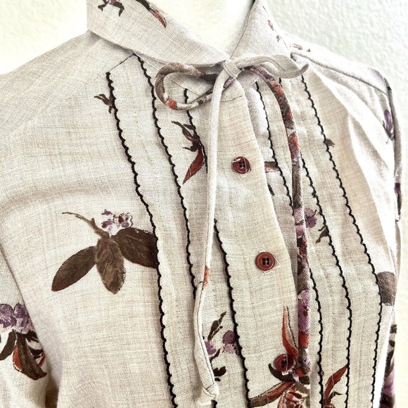 Vtg 70’s Sunshine Alley Brown Beige Floral Bird Print Dress Sz 16 With Tie Neck - Picture 5 of 16